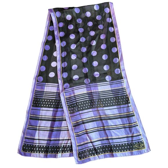 Oscar- Oscar De La Renta- silky purple black polka dots- neck scarf- gold - Picture 1 of 7
